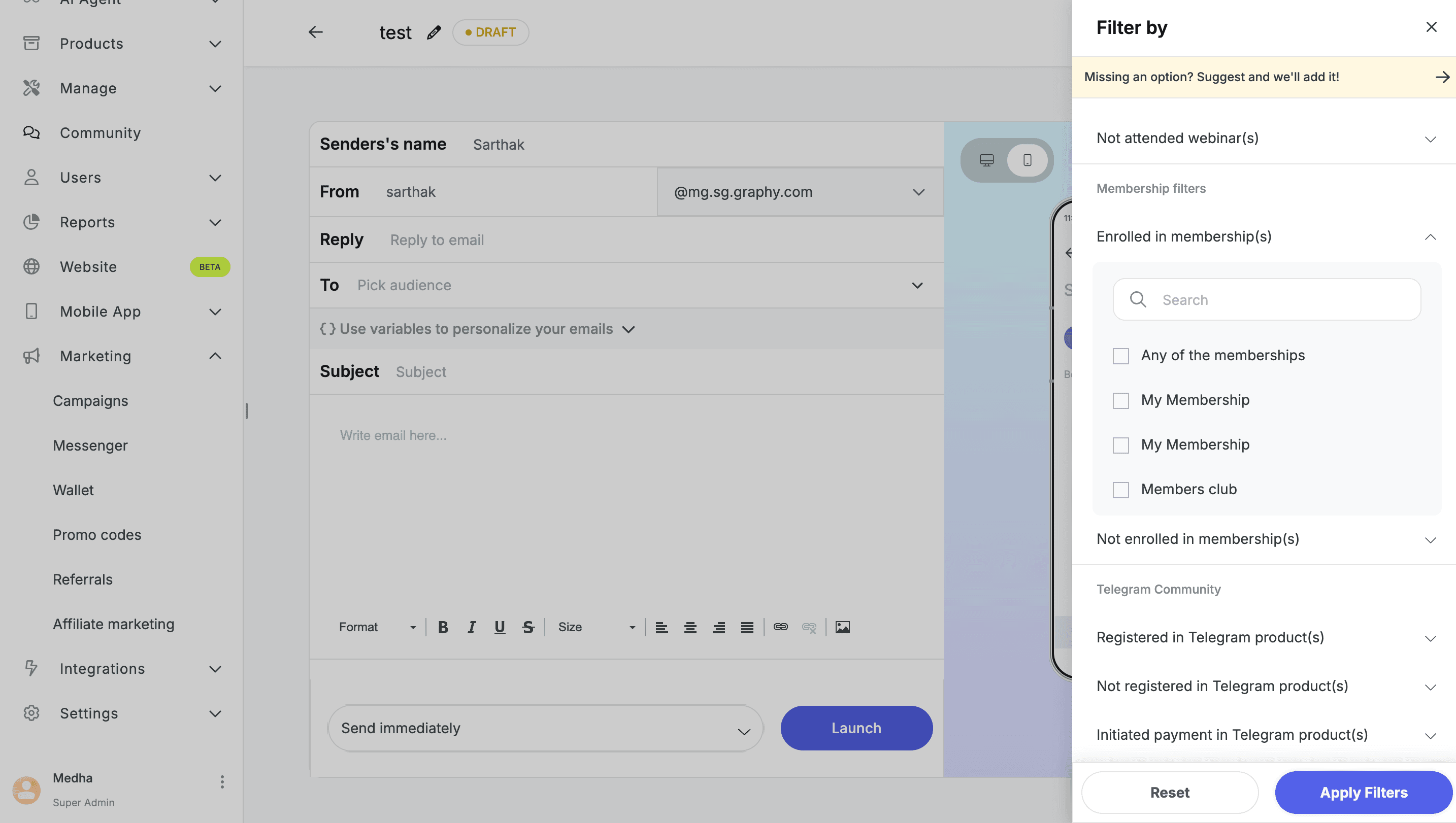 Campaigns filter panel showing the new Enrolled in membership(s) and Not enrolled in membership(s) filters