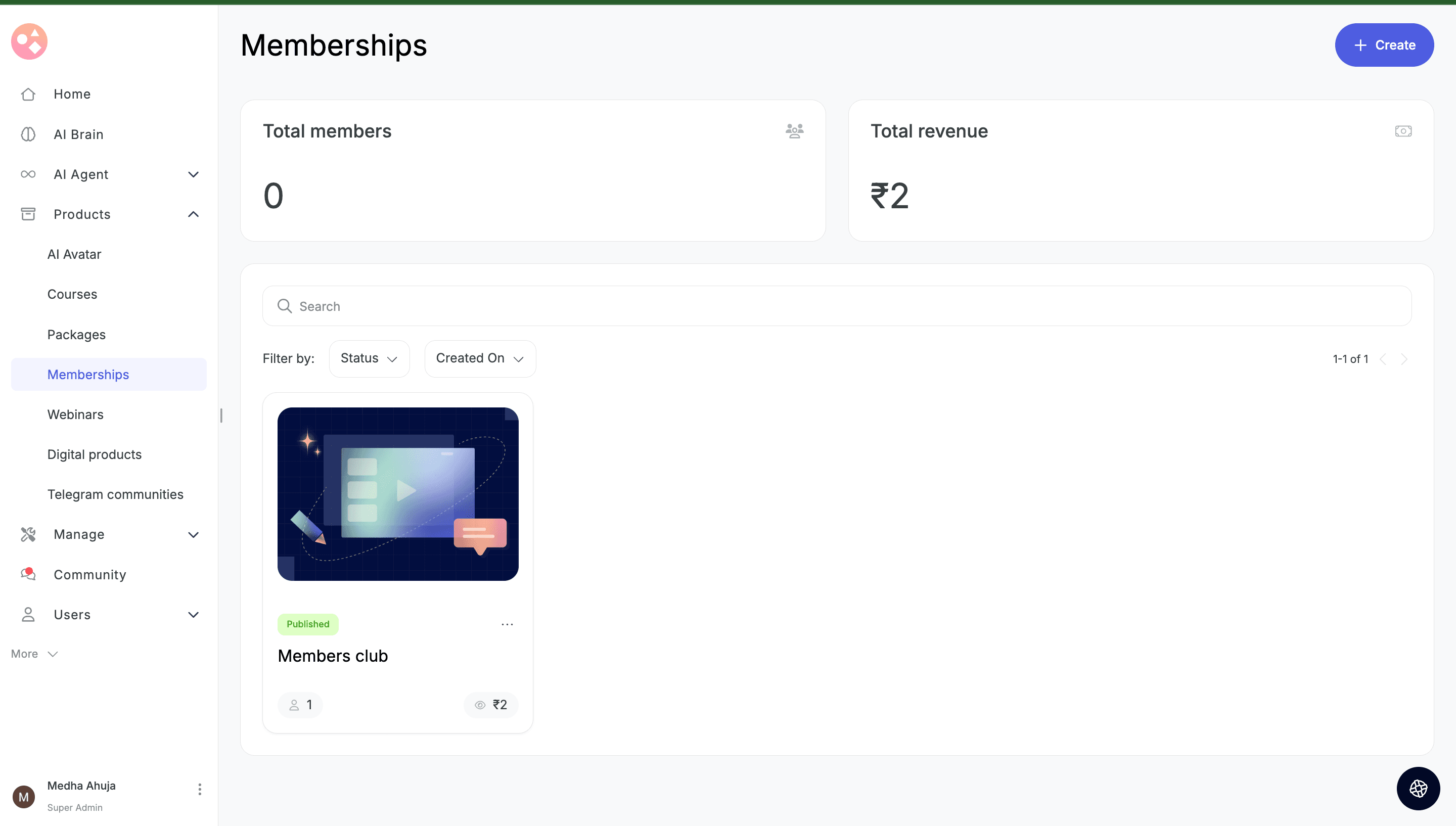 Memberships dashboard showing membership cards with member count and revenue