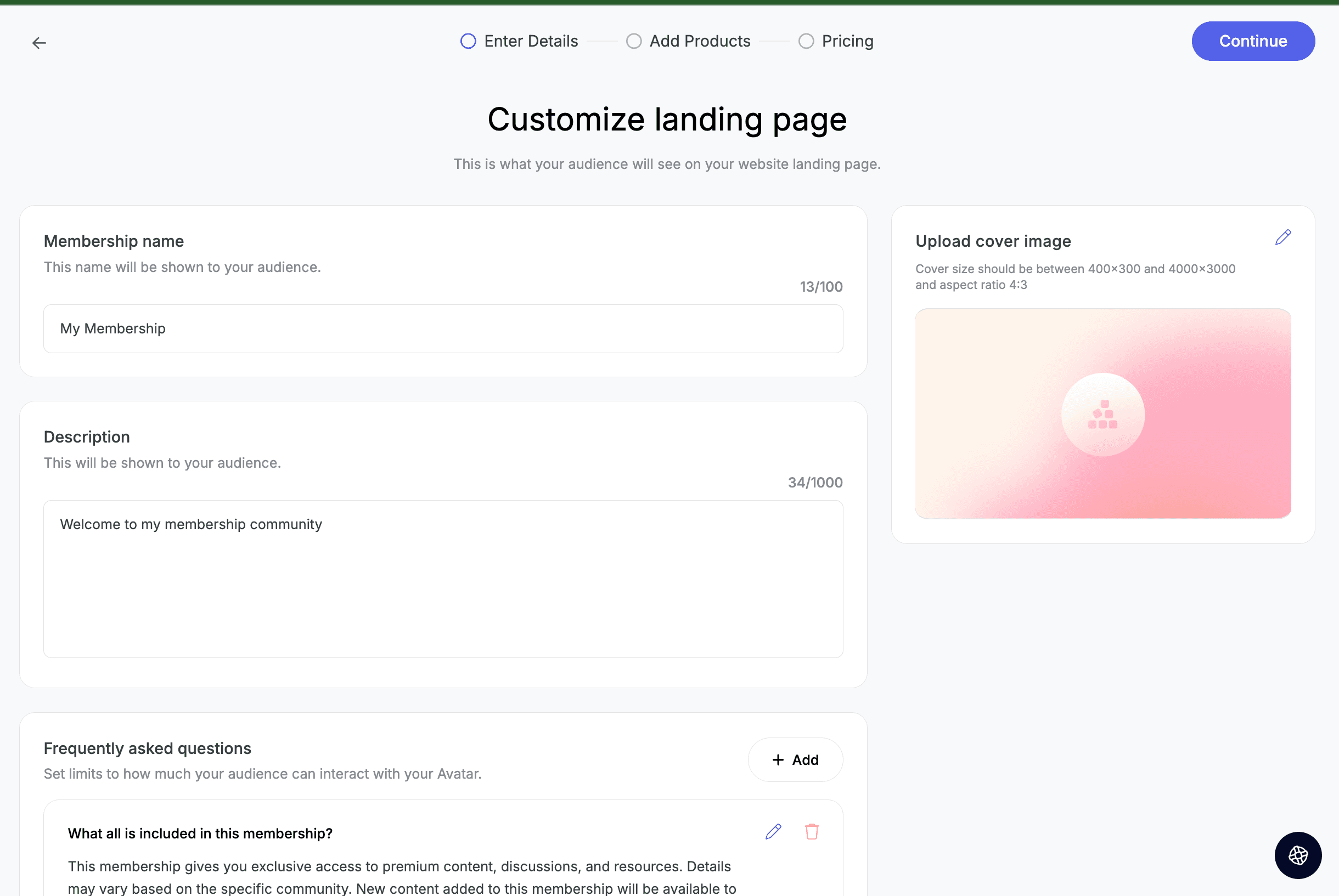 Membership landing page editor showing name, description, FAQs and cover image upload